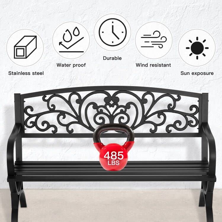 FDW black finish outdoor bench complements woodsy landscapes under shaded trees.