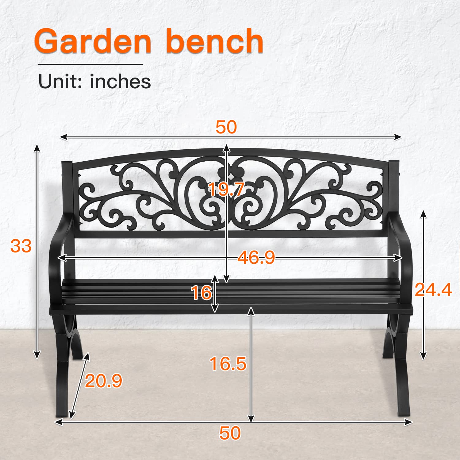 FDW patio bench showcases floral backrest, adding charm to garden, porch, or balcony.