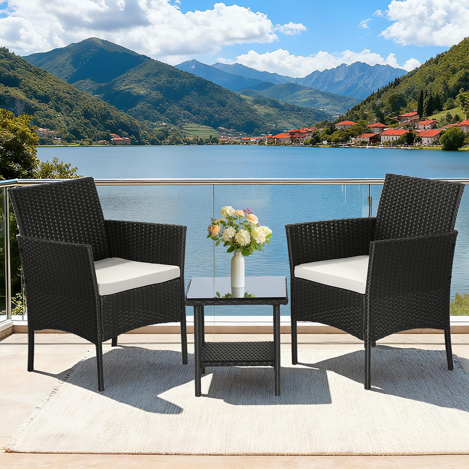 FDW wicker patio chair close-up showing plush cushioning and weave detail.