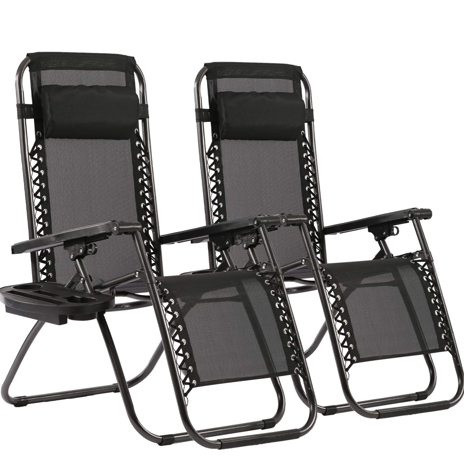 FDW Zero Gravity Lawn Chairs set with pillow and cup holder for outdoor relaxation.