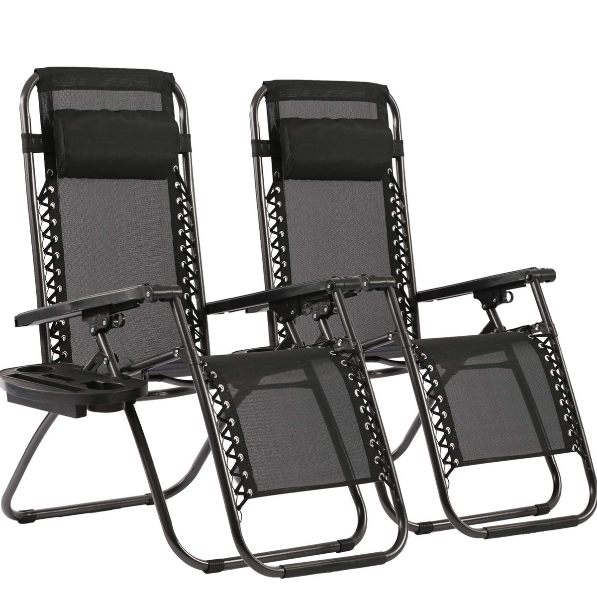 FDW Zero Gravity Lawn Chairs set with pillow and cup holder for outdoor relaxation.