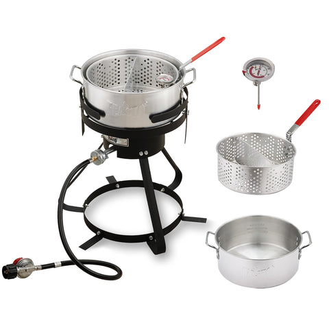 Feasto 10 Qt aluminum fish fryer pot ready for outdoor frying and boiling.