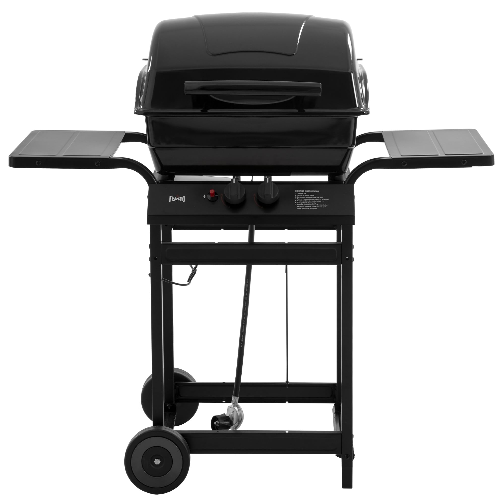 Feasto 2-burner grill lid close-up showing porcelain-enamel finish for durable outdoor cooking.