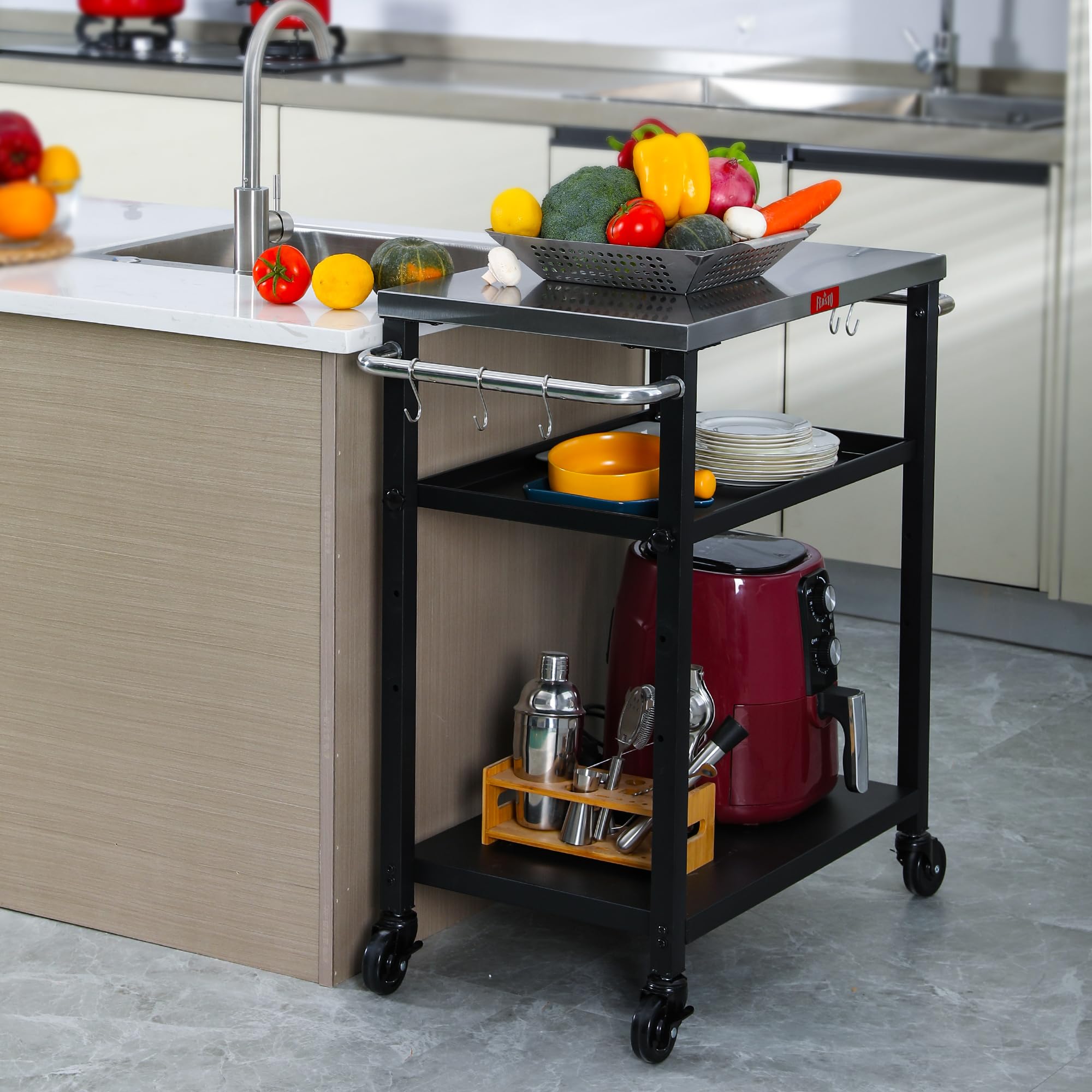 Feasto 3-tier rolling cart with compact dimensions for space efficiency