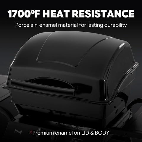 Feasto 416 sq in grilling area with main grate and warming rack detail.
