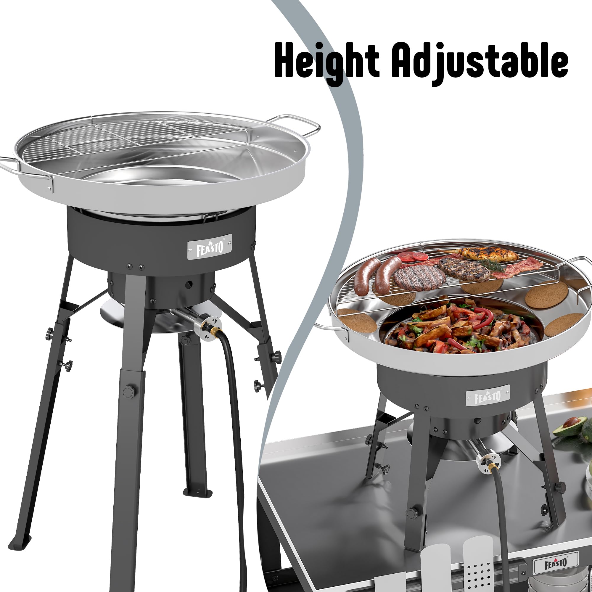 Feasto detachable stand enables portable setup for outdoor cooking and camping.