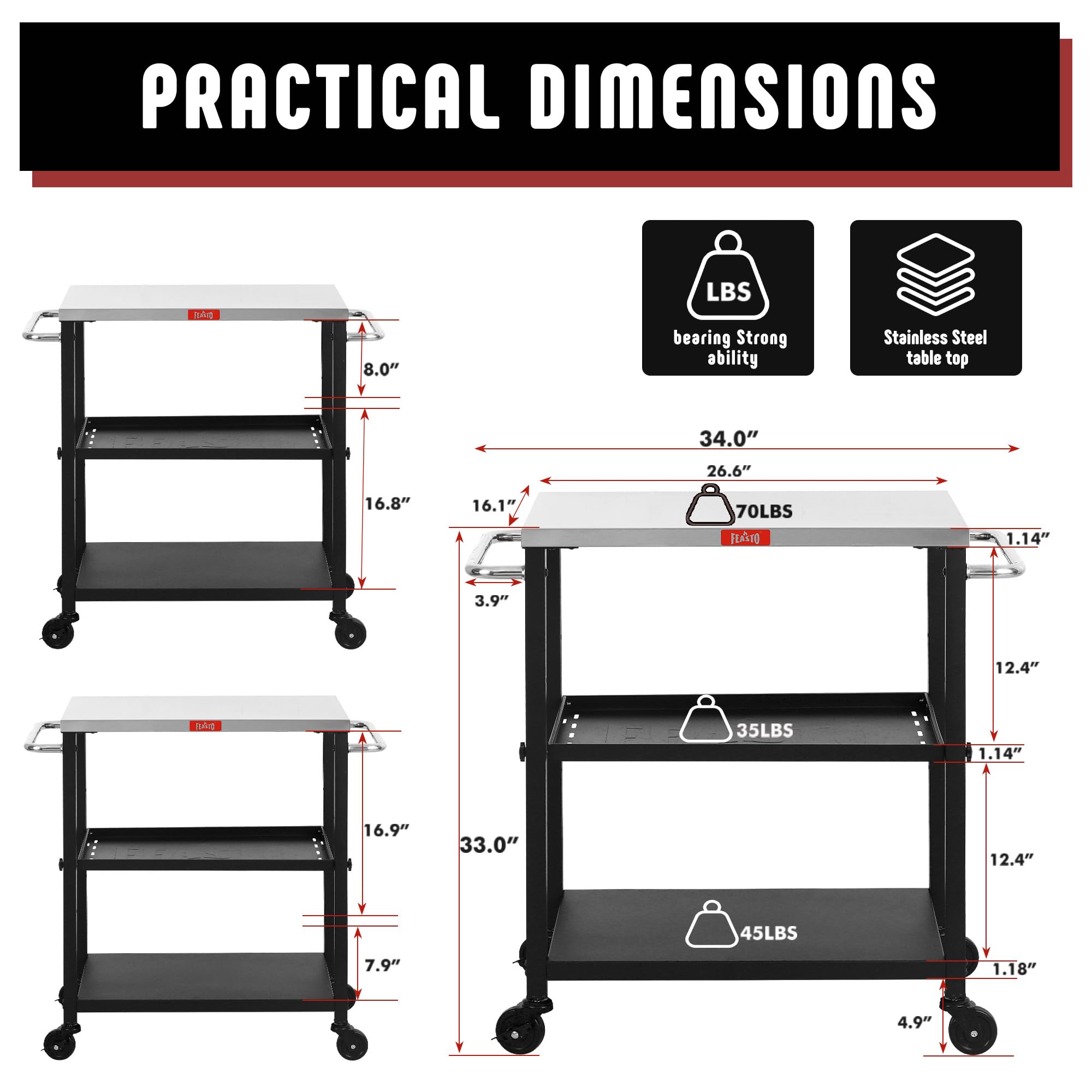 Feasto grill table adjustable shelves to fit different gear heights