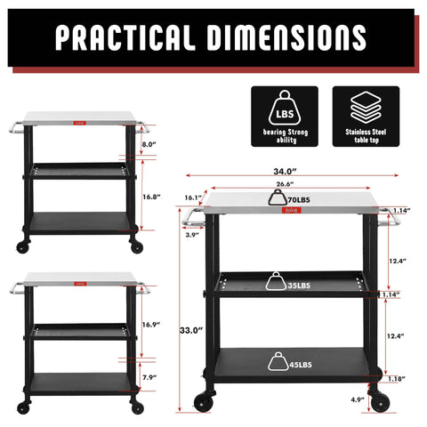 Feasto grill table adjustable shelves to fit different gear heights
