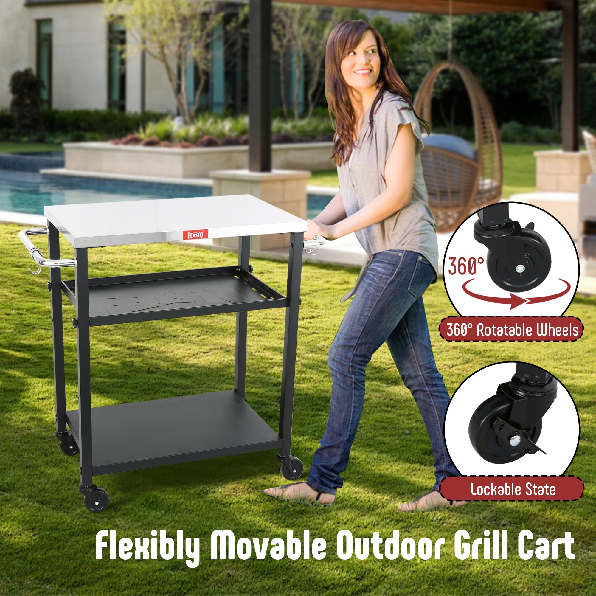 Feasto outdoor grill cart side view showing mobility on wheels