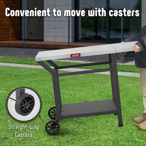 Feasto outdoor prep station adapts to grills, pizza ovens, and camping stoves on patios.