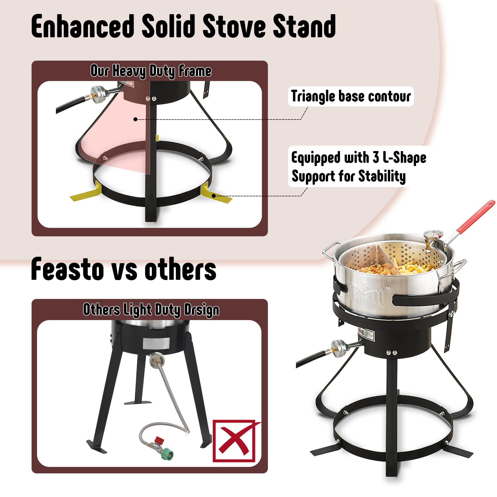 Feasto perforated fry basket with handle for easy draining.