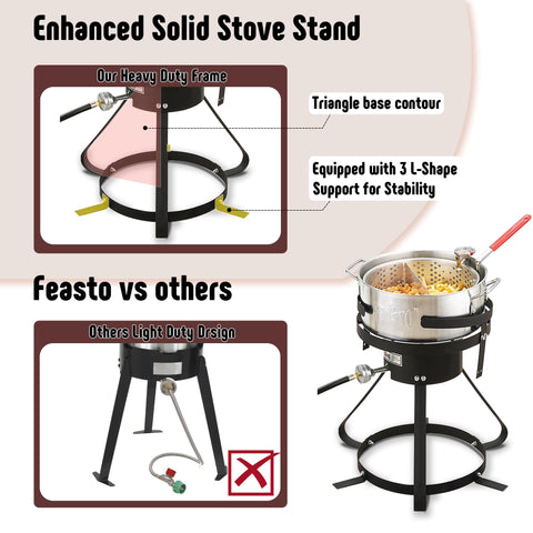 Feasto perforated fry basket with handle for easy draining.