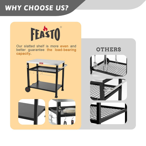 Feasto pizza oven stand on sturdy prep table with extra storage
