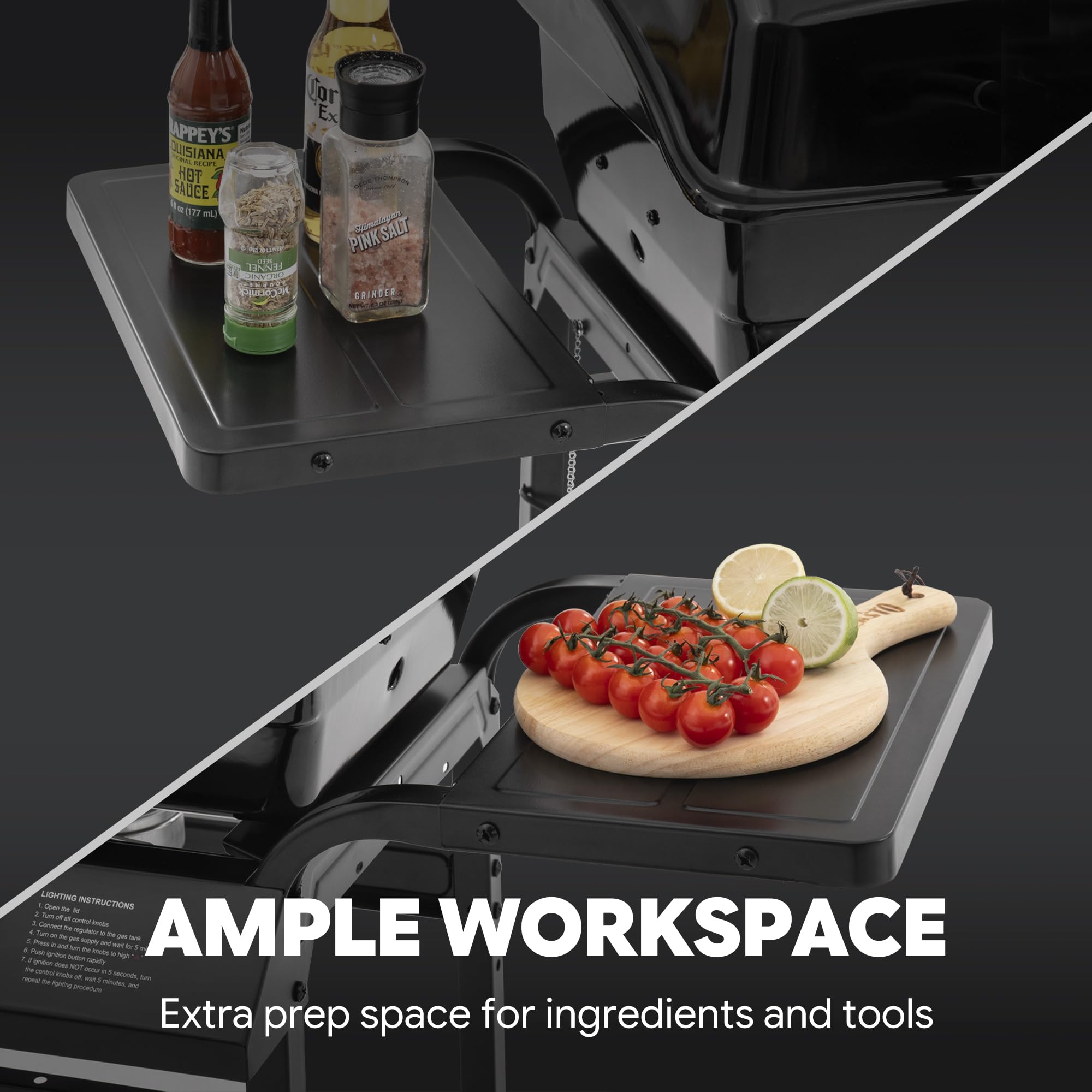 Feasto side table on the right expands prep area for seasoning and tools.
