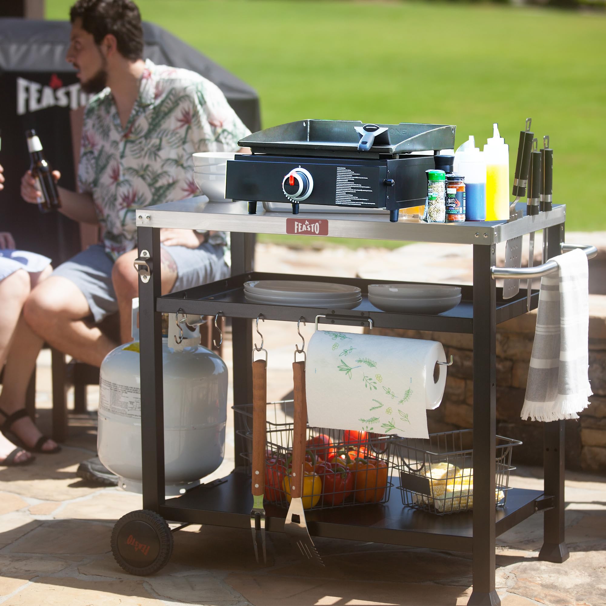 Feasto stainless-steel tabletop provides sturdy prep space for grills and serving.