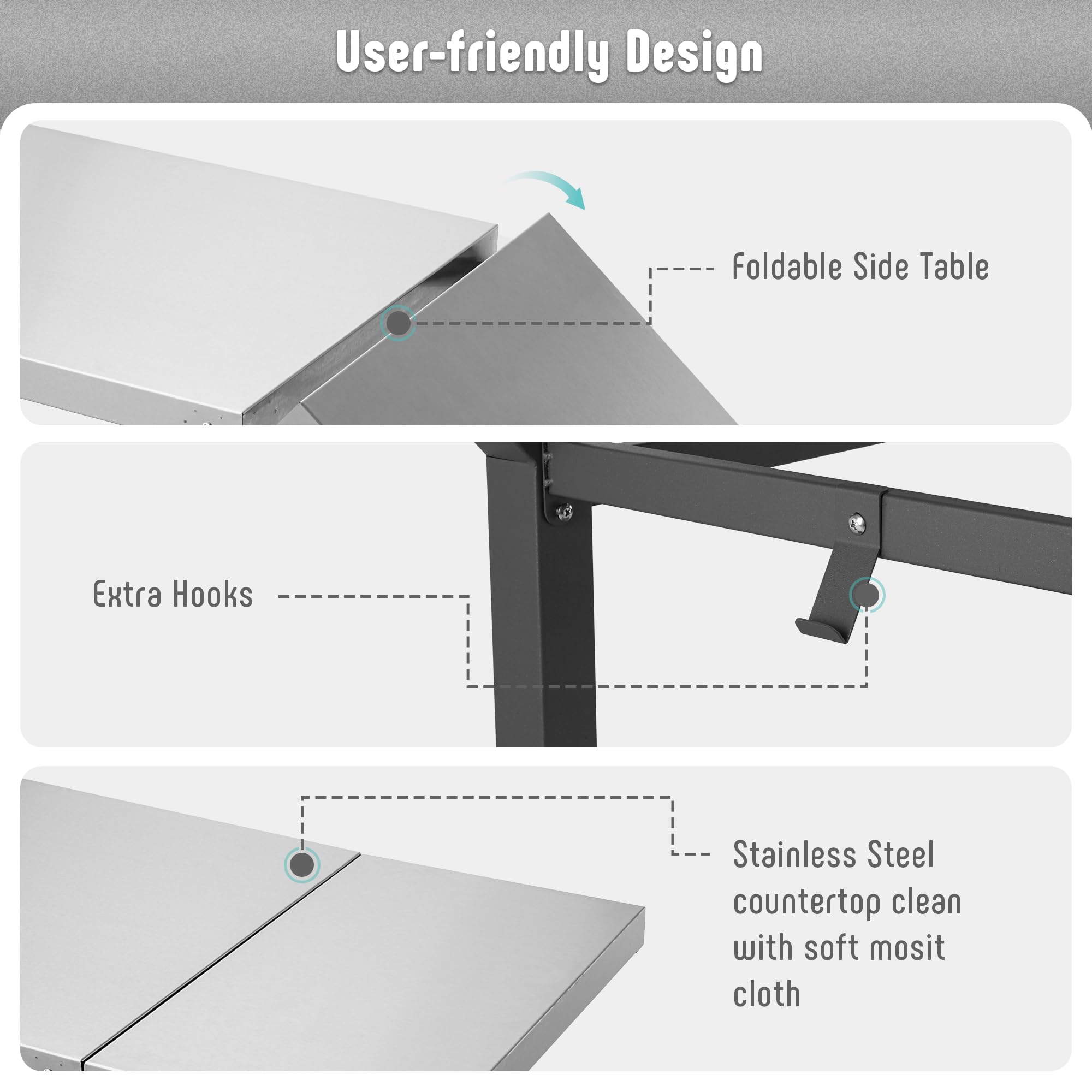 Feasto undershelf storage area demonstrates organized prep space for utensils and tools.