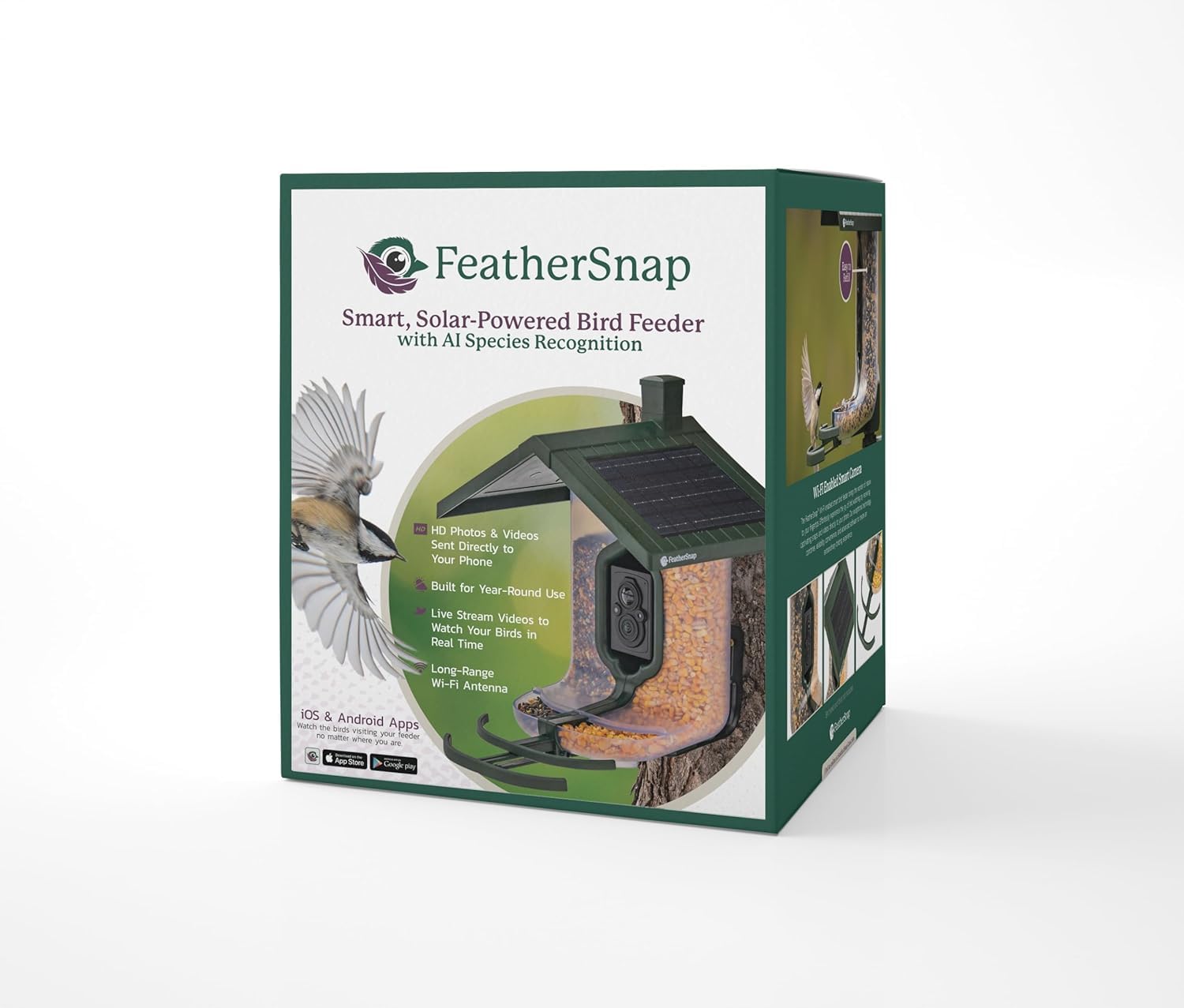 FeatherSnap Scout feeder solar panel powers the unit for continuous backyard viewing.