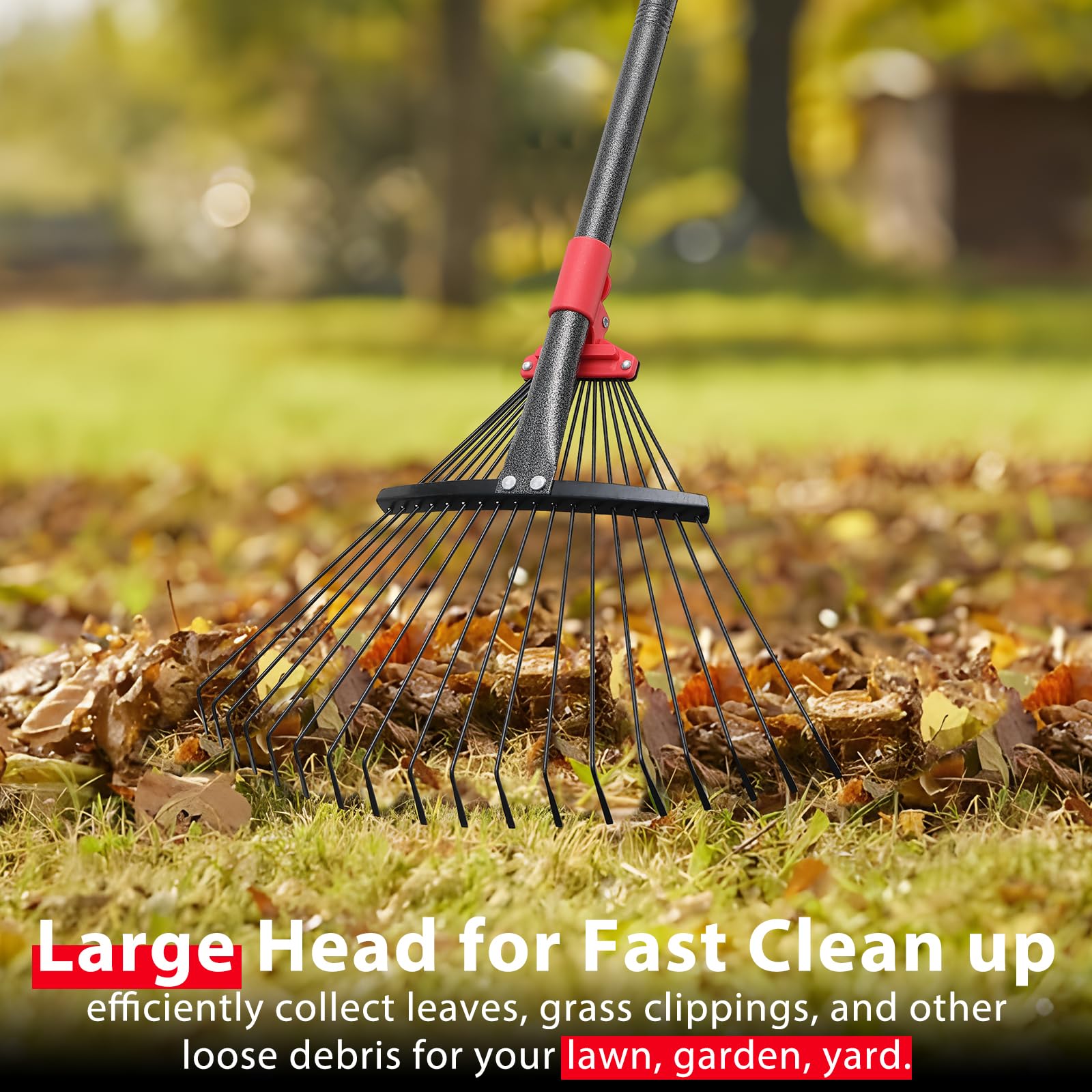 Feblomst heavy-duty rake with 18 close-set tines for thorough debris pickup.