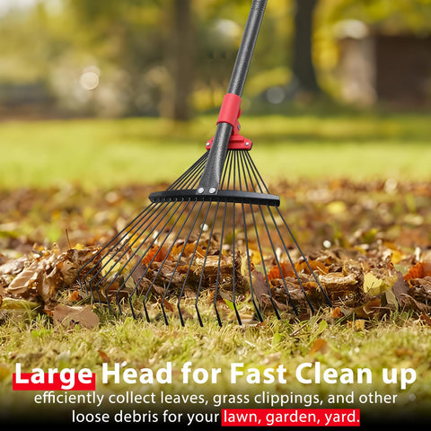 Feblomst heavy-duty rake with 18 close-set tines for thorough debris pickup.