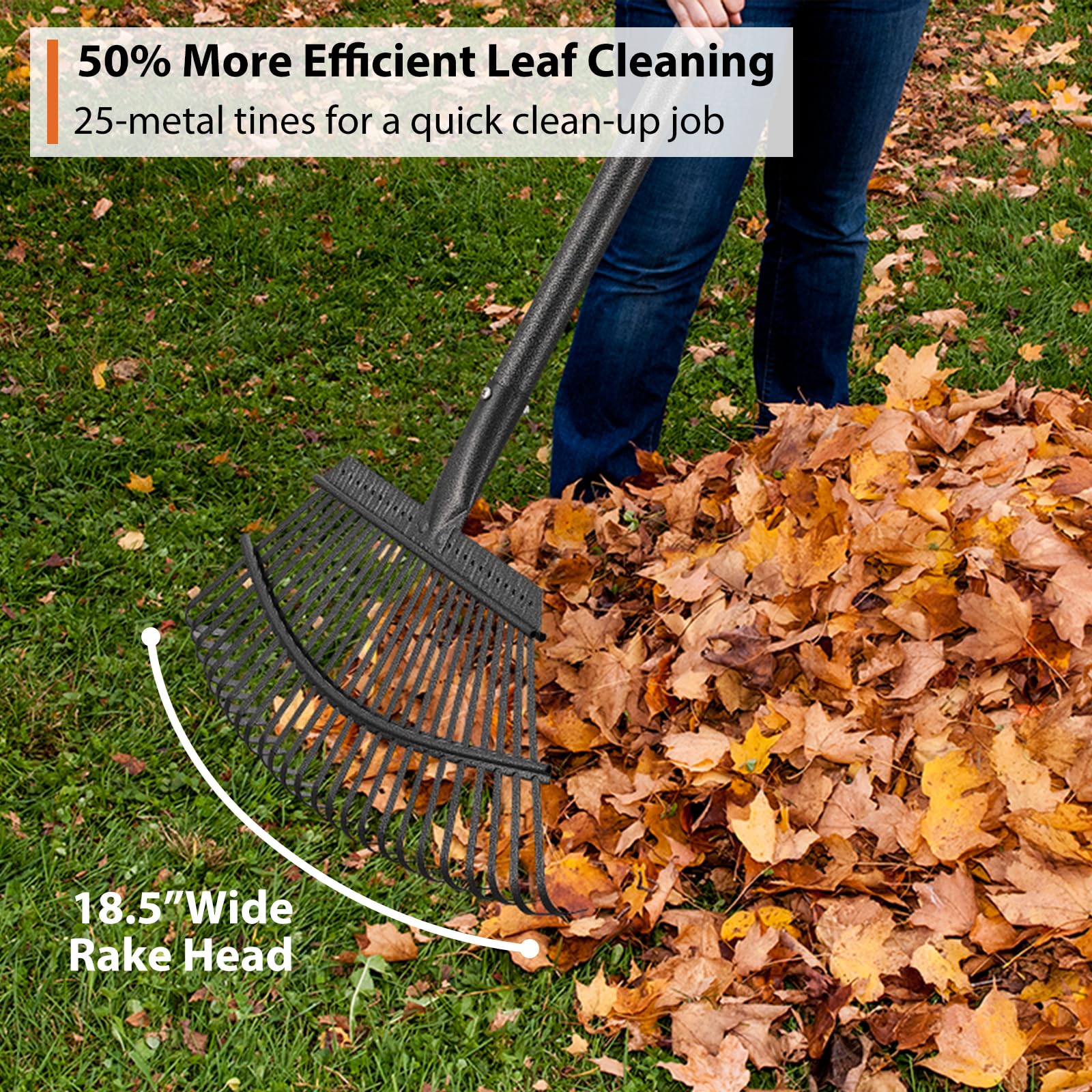 Feblomst leaf rake with 18.5 inch wide head for fast coverage