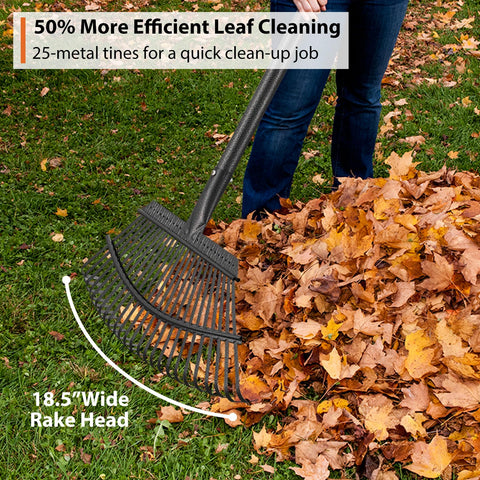 Feblomst leaf rake with 18.5 inch wide head for fast coverage