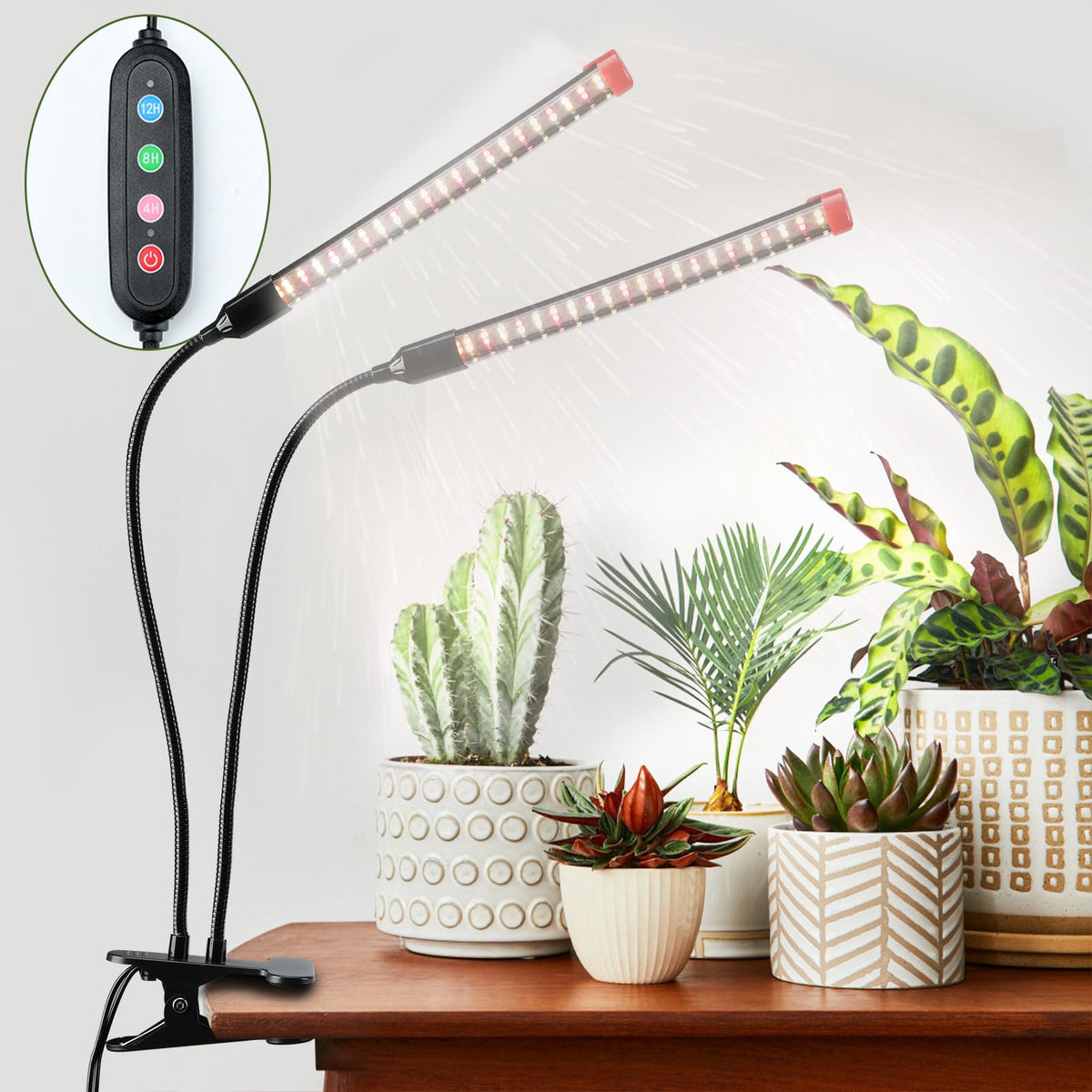 FECiDA 2026 two-head clip grow light over seed trays providing even germination support.