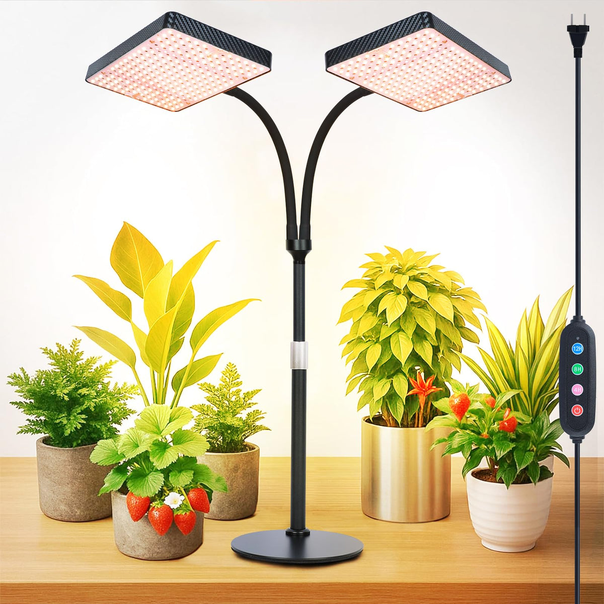 FECiDA 2026 two-head grow light front view boosts seedling growth with full-spectrum LEDs.