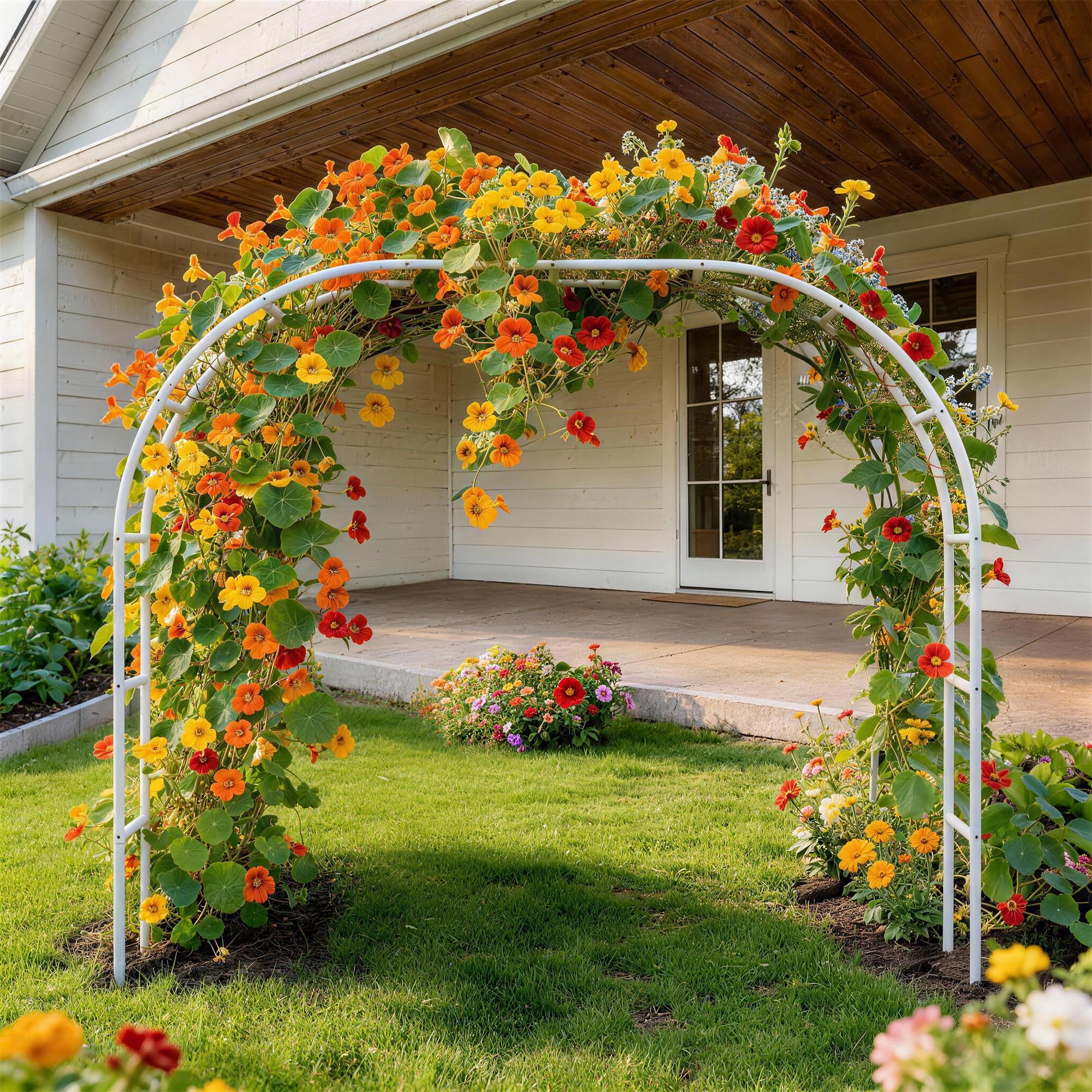 Fecita garden arch includes ground stakes for secure placement.