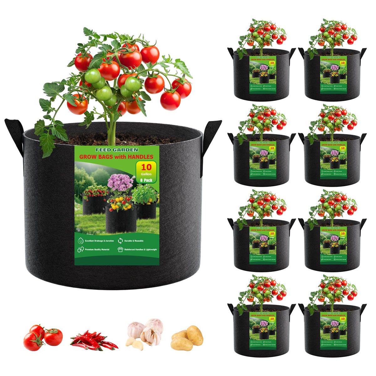 FEED GARDEN 10-gallon grow bags setup showing space-saving balcony gardening.