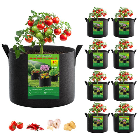 FEED GARDEN 10-gallon grow bags setup showing space-saving balcony gardening.