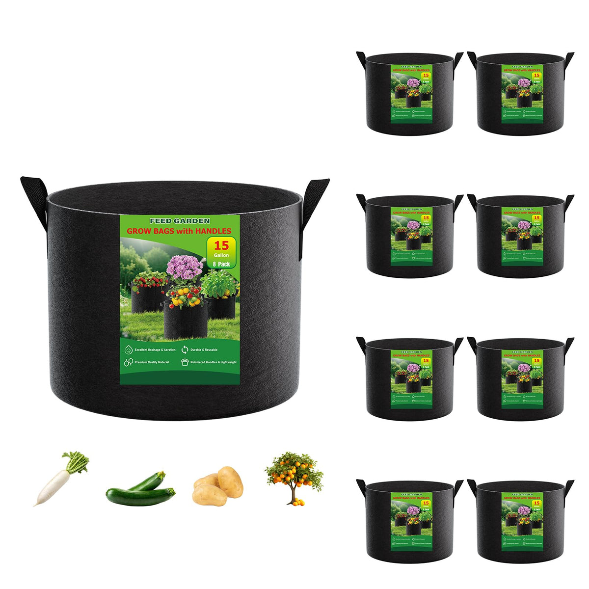 FEED GARDEN 15gal grow bag, heavy-duty fabric for sturdy plant supports.