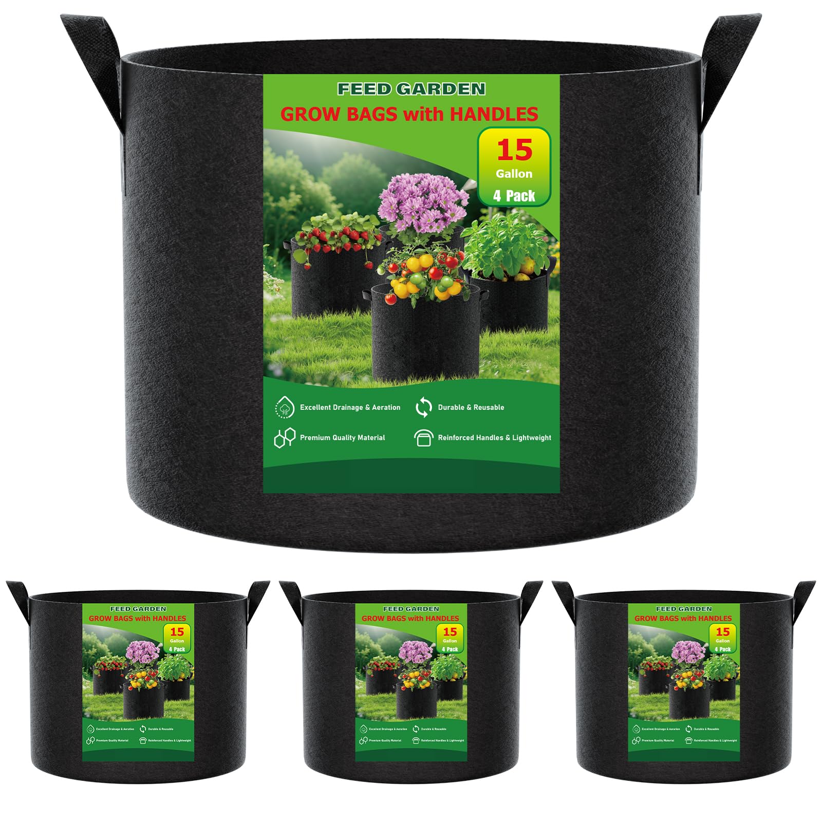 FEED GARDEN 15-gallon grow bags four-pack show ample space for large crops.