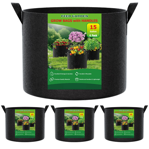 FEED GARDEN 15-gallon grow bags four-pack show ample space for large crops.