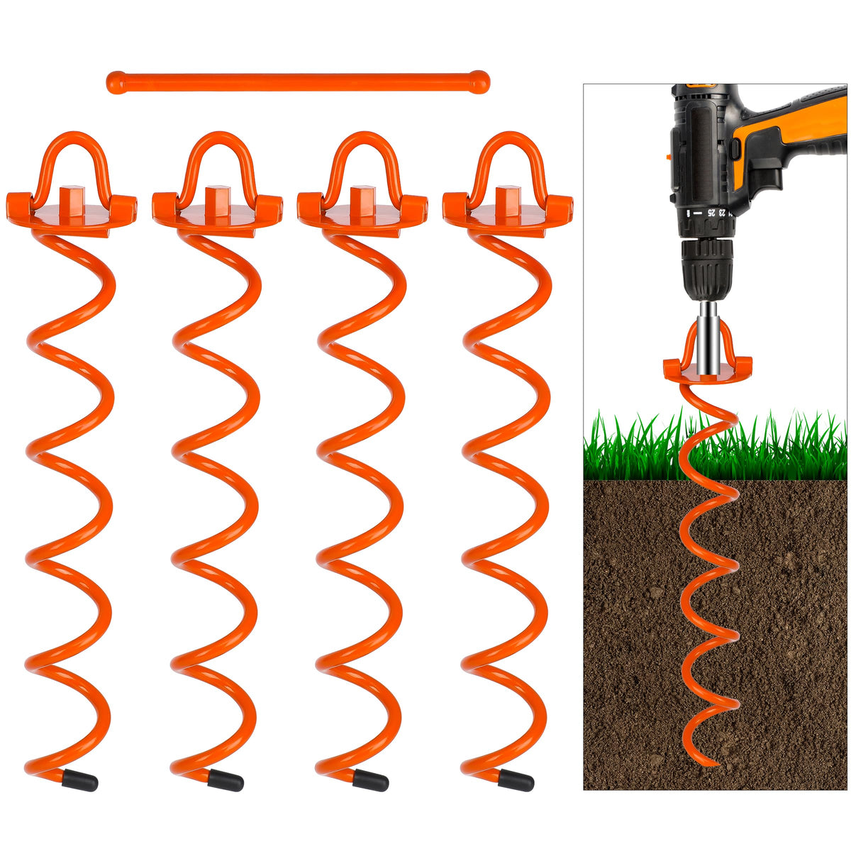 FEED GARDEN 16inch spiral ground anchors in orange, four-pack, for secure outdoor staking.