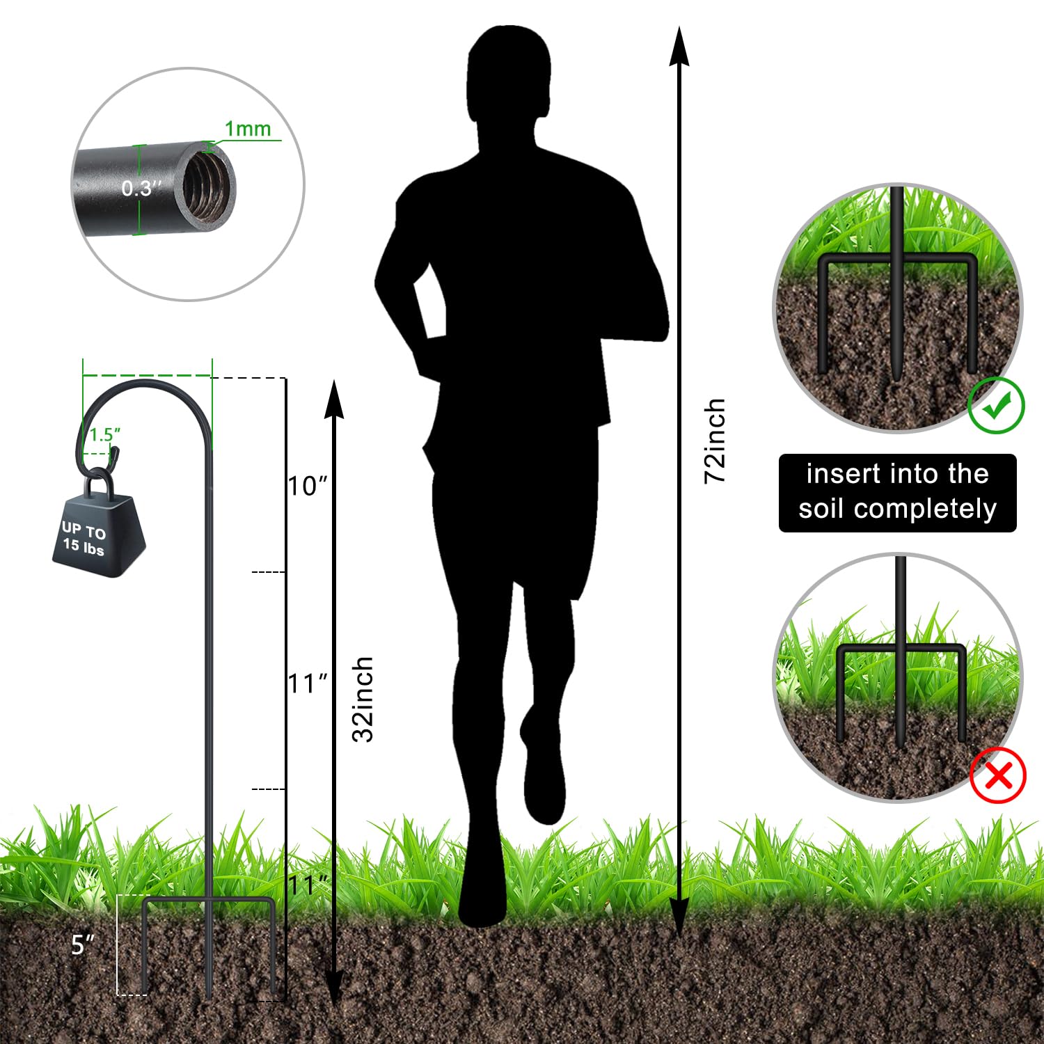 FEED GARDEN 32-inch shepherd hook base prongs provide superior stability in wind.