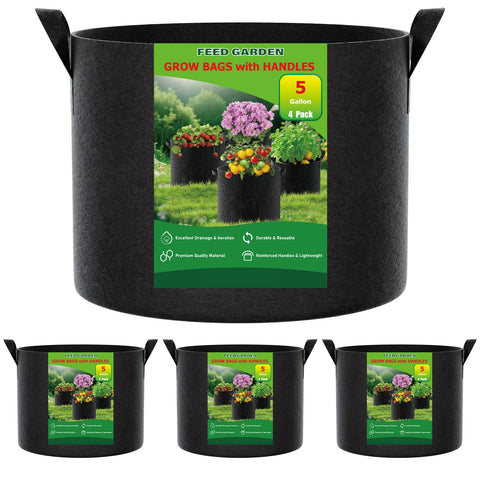 FEED GARDEN 5 gallon grow bags four-pack for balcony gardening and easy transport.