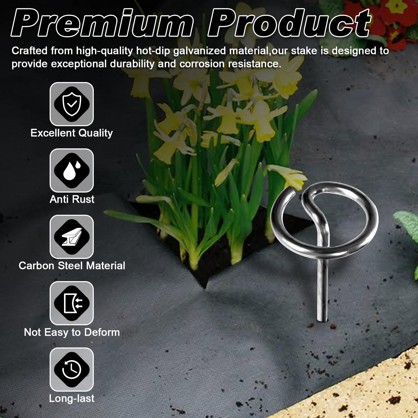 FEED GARDEN 8-gauge steel stakes offer rugged durability for tough soils.