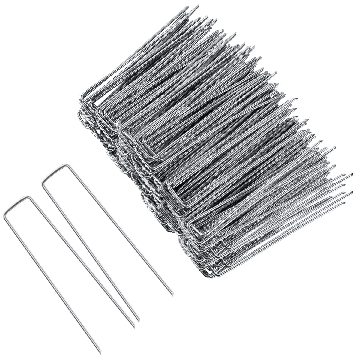 FEED GARDEN 8-inch staples pack secures landscape fabric against wind.