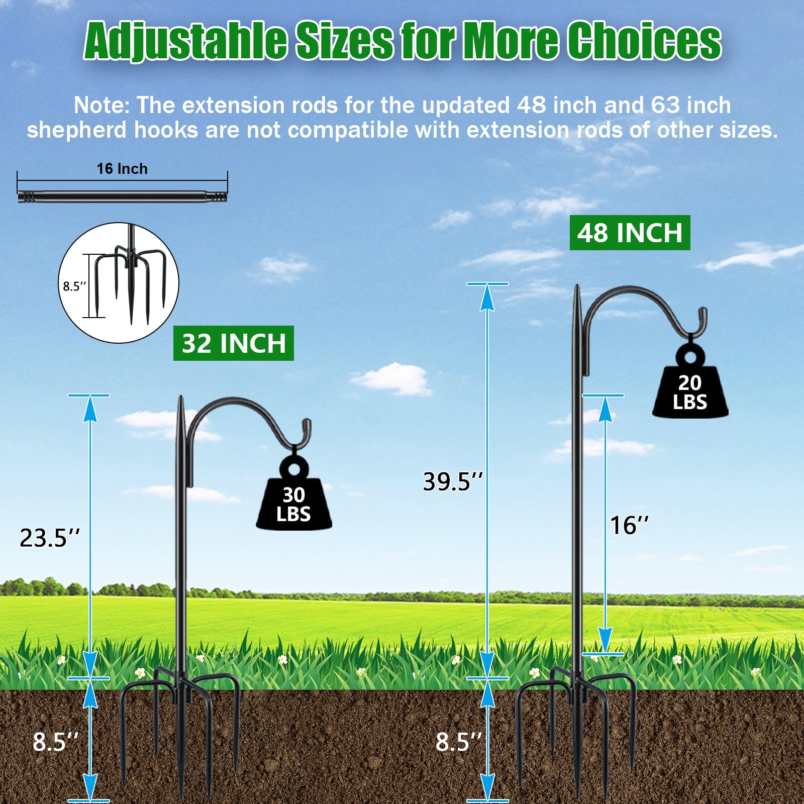 Adjustable height pole on FEED GARDEN shepherds hook fits lanterns and baskets.