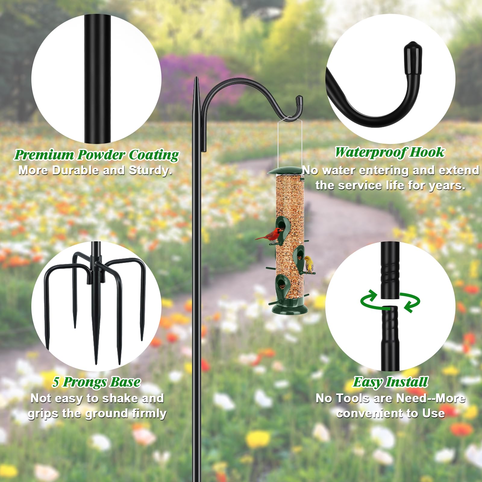 FEED GARDEN Adjustable-height pole adapts to lanterns and baskets.