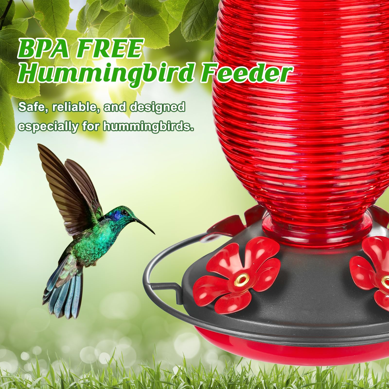 FEED GARDEN ant moat and bee-proof ports protect nectar for hummingbirds.