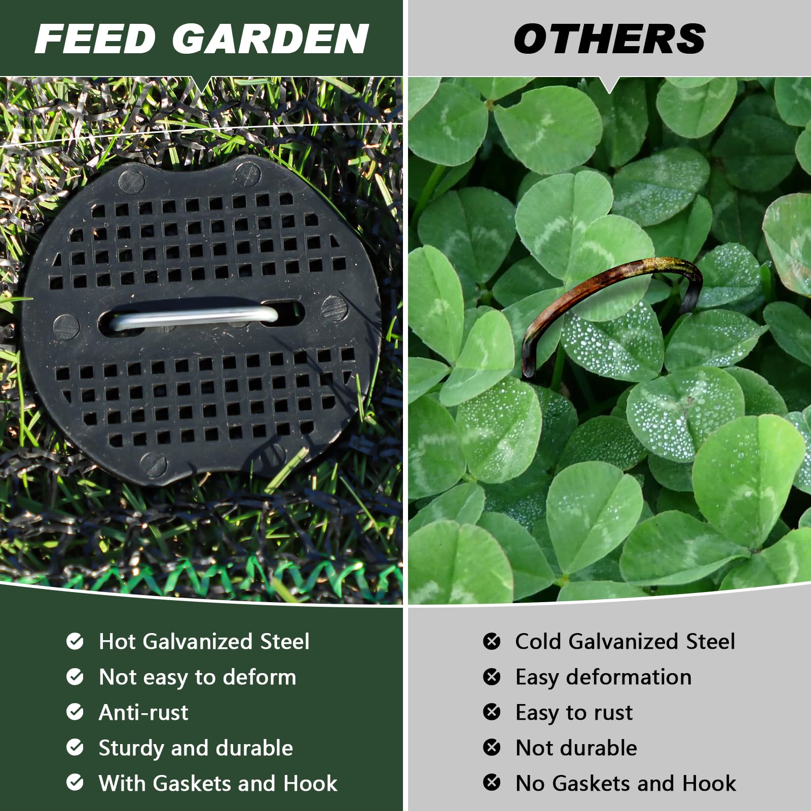 FEED GARDEN anti-rust galvanized stakes resist corrosion.