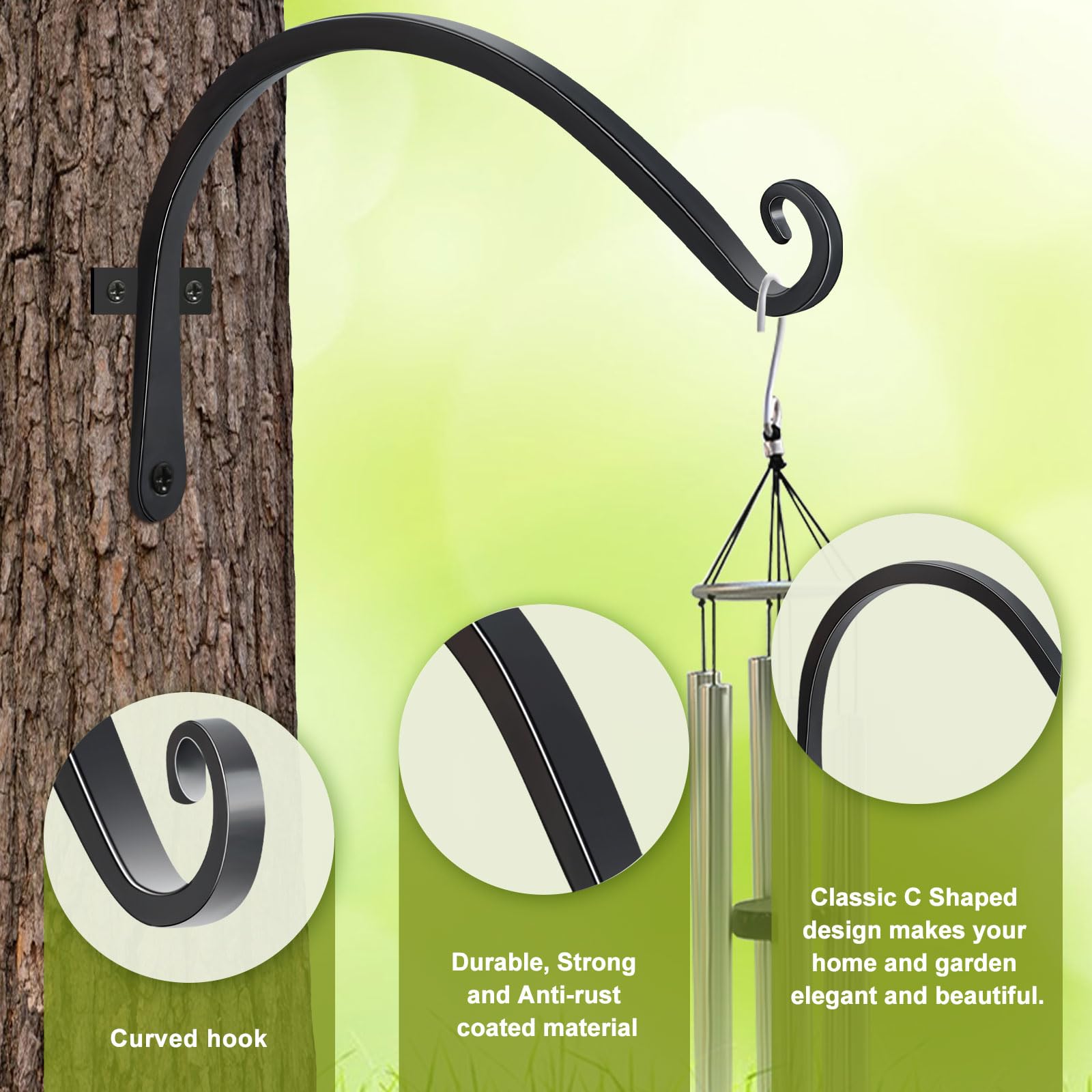 FEED GARDEN black powder-coated hook outdoors, resistant to rust and weather.