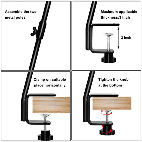 FEED GARDEN deck hook clamp on railing showing 3-inch clearance and fit