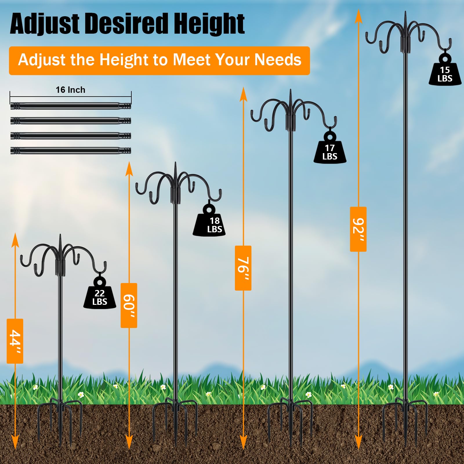 FEED GARDEN five-prong base provides stable outdoor support.