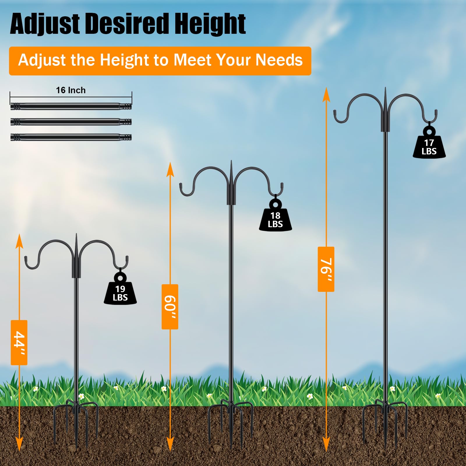 FEED GARDEN five-prong base ensures stable ground support outdoors.