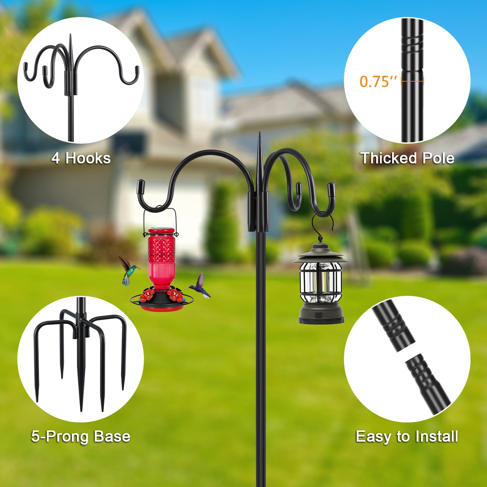 FEED GARDEN five-prong base stake ensures stable placement in wind.