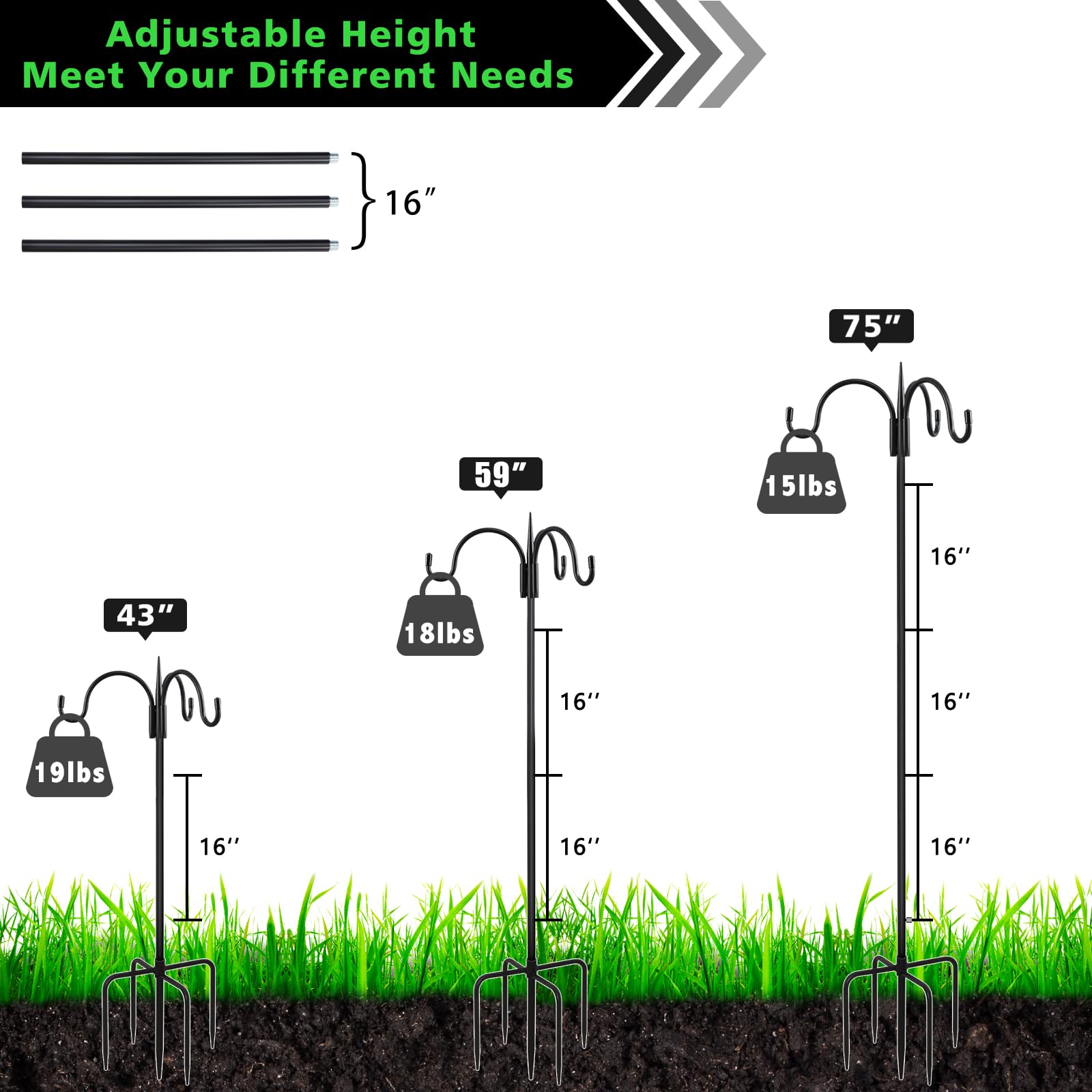 FEED GARDEN Five-prongs ground stake provides stable support in windy conditions for tall hooks.