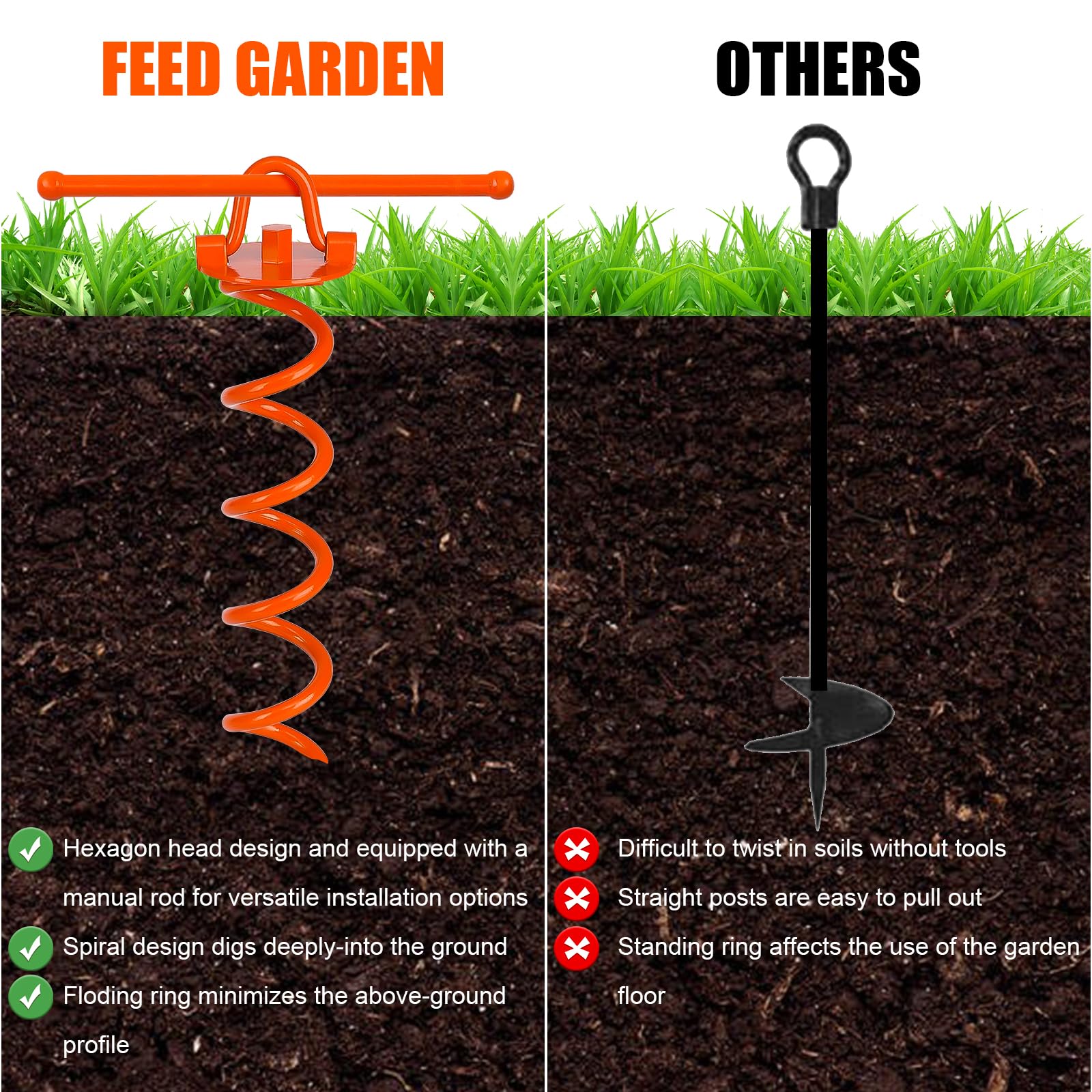 FEED GARDEN foldable ring ground stakes reduce clutter and risk