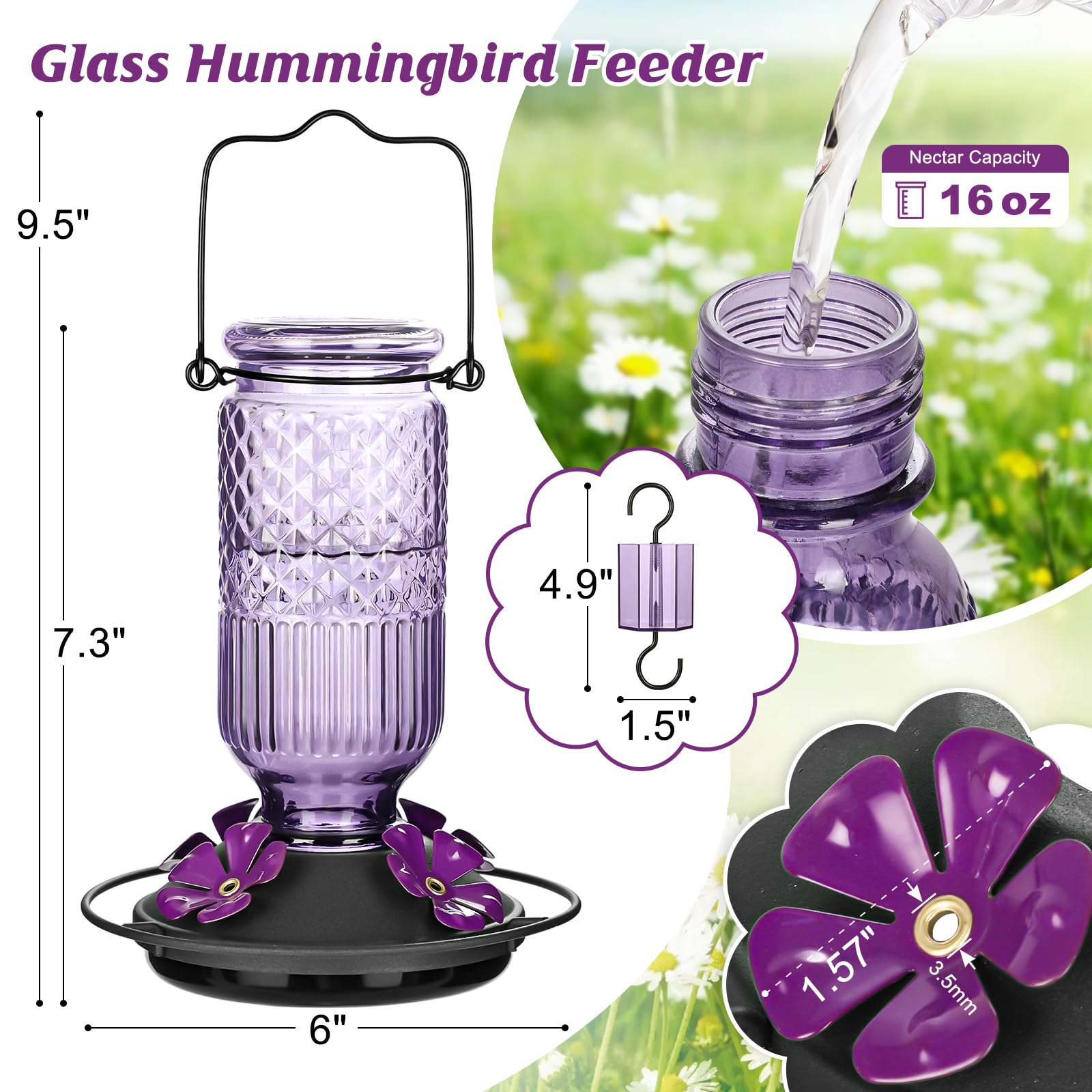 FEED GARDEN glass hummingbird feeder has four bee-guard ports to deter insects
